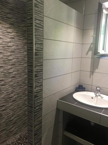 een badkamer met een wastafel en een douche bij gite tourmalet in Barèges