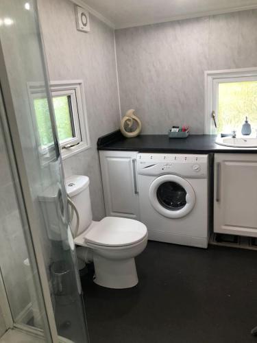 a bathroom with a toilet and a washing machine at 49 Irfon Lodge no commerical vehicles or tradesmen allowed in Builth Wells