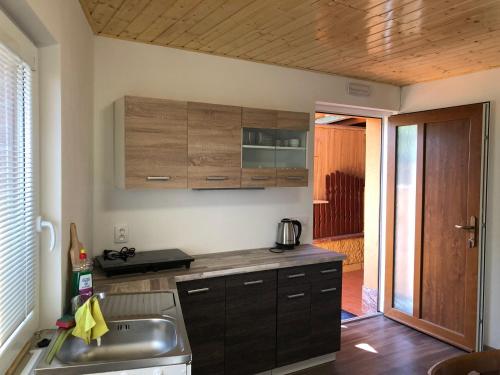 a kitchen with a sink and a counter top at Penzion Zaječský šenk in Zaječí