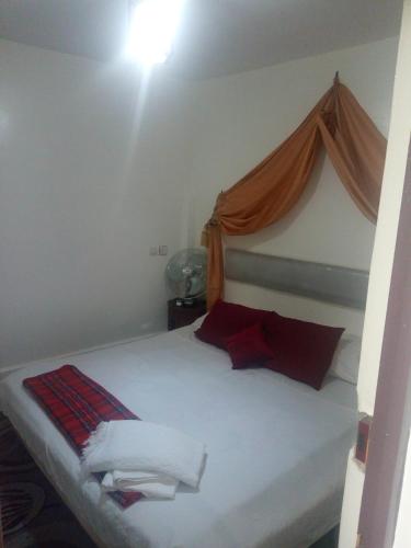 a bedroom with a bed with white sheets and red pillows at Dar Amine in Rabat