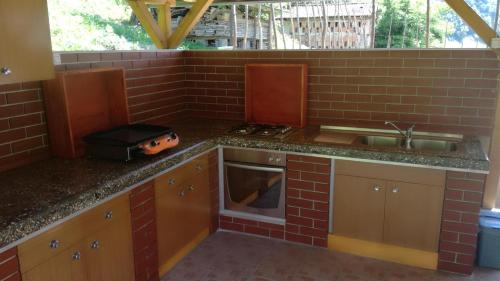 a kitchen with a counter with a sink and a stove at Apartma Bača in Most na Soči