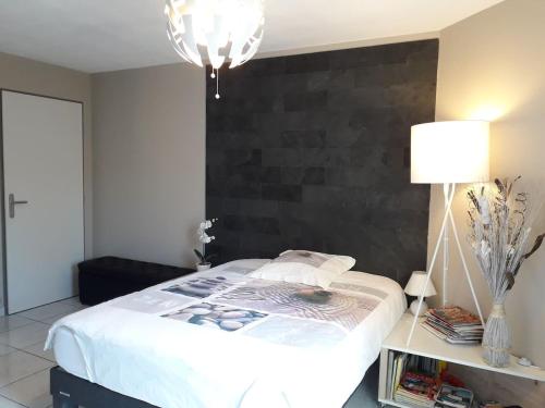 een slaapkamer met een groot bed met een zwart hoofdeinde bij :) Grand studio lumineux à Toulouse et parking in Toulouse