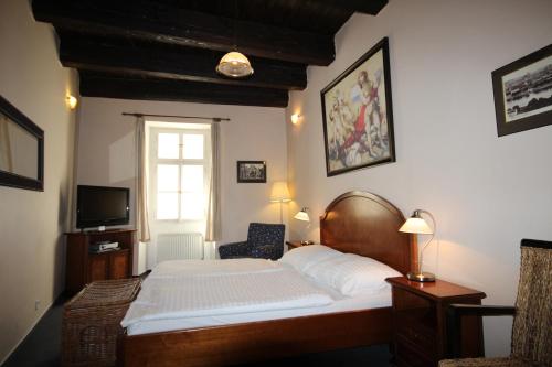 een hotelkamer met een bed en een televisie bij U Tří Bubnů in Praag