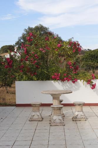 a picnic table with pink flowers on a wall at Monte do Parral in Santiago do Cacém