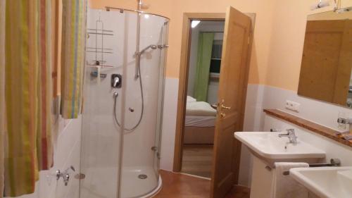 y baño con ducha y lavamanos. en HOME4GOLF Uttlau, en Bad Griesbach