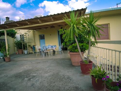 a patio of a house with a table and a palm tree at Anita's hosting in Kalamata