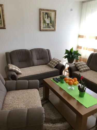 una sala de estar con sofás y una mesa con naranjas encima en Pavlović, en Valjevo