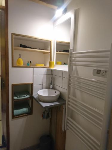une petite salle de bain avec un lavabo et un miroir dans l'établissement Le petit pays, à Montgivray