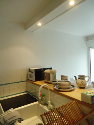 une cuisine avec un évier et un micro-ondes dans l'établissement studio Kelenn à Carantec, à Carantec
