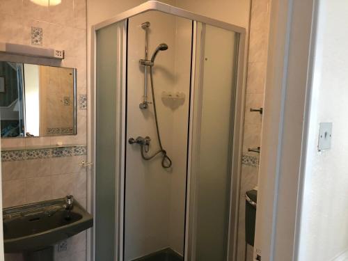 a bathroom with a shower and a sink at Everglades Hotel in Torquay