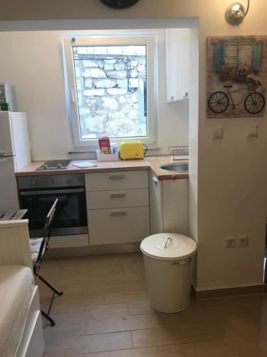 a small kitchen with a toilet and a window at Apartments Tribunj in Tribunj