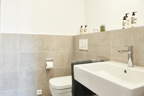 a bathroom with a white sink and a toilet at Boardinghome Oldenburg in Oldenburg