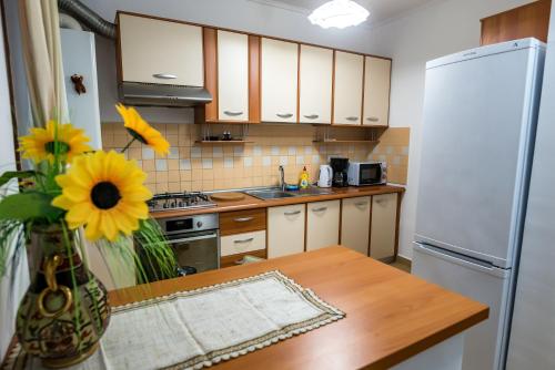 a kitchen with a refrigerator and a table with a vase of flowers at D&O Zola in Timişoara
