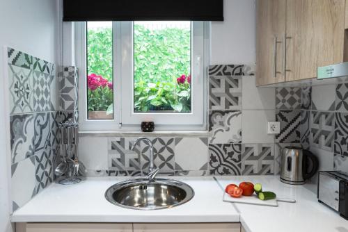 a kitchen with a sink and a window at NK Apartments in Falasarna