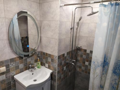 y baño con lavabo y ducha con espejo. en Apartment, en Sevan