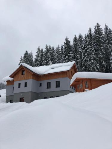 a building covered in snow with trees in the background at Apartmány Sportrelax in Albrechtice v Jizerských horách