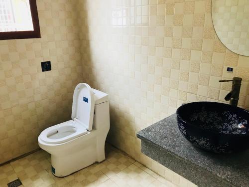 a bathroom with a toilet and a sink at Tongfu Inn(In the National Park) in Zhangjiajie