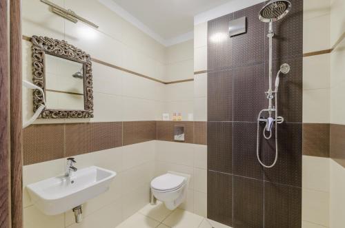 uma casa de banho com um chuveiro, um WC e um lavatório. em Dom Wczasowy Stenka em Gowidlino