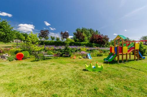 a group of playground equipment in a grass field at Dom Wczasowy Stenka in Gowidlino