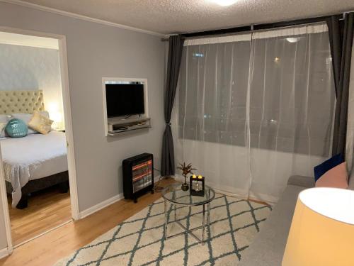 a living room with a bed and a tv on a wall at Stay Santiago Lastarria Bellas Artes in Santiago