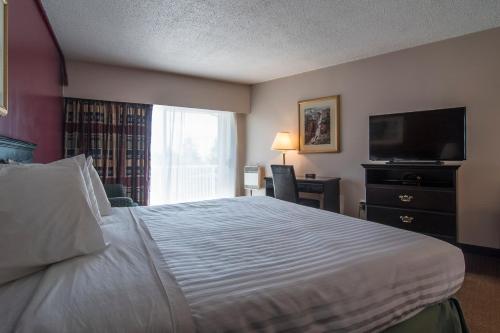 a bedroom with a large bed and a television at Port Augusta Inn in Comox