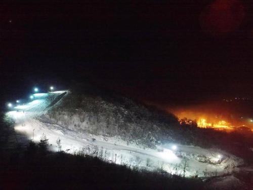 a snow covered road at night with street lights at Studio apartman CENTAR in Ogulin