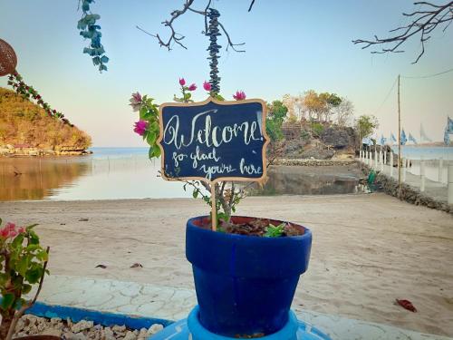 a sign in a blue pot with a plant at Bolo Beach Santorini nearby to Hundred Island in Alaminos