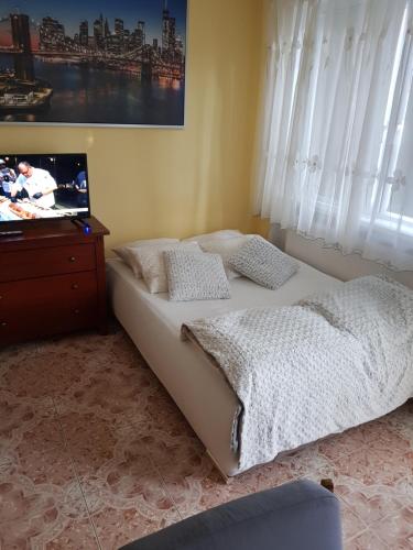 1 dormitorio con 1 cama y TV. en Kwatery Noclegi pracownicze en Wilkasy