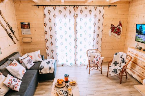 考斯賽力克的住宿－Czarna Owca，带沙发和窗户的客厅