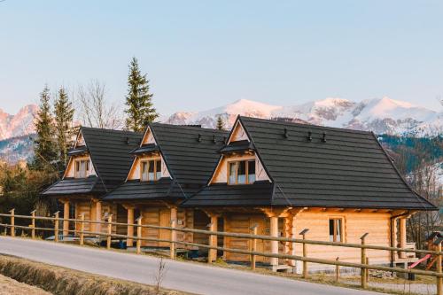 a wooden house with black roof on the side of a road at Czarna Owca in Kościelisko
