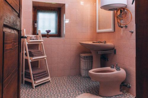 a pink bathroom with a toilet and a sink at Hiša na Pohorju in Šmartno na Pohorju