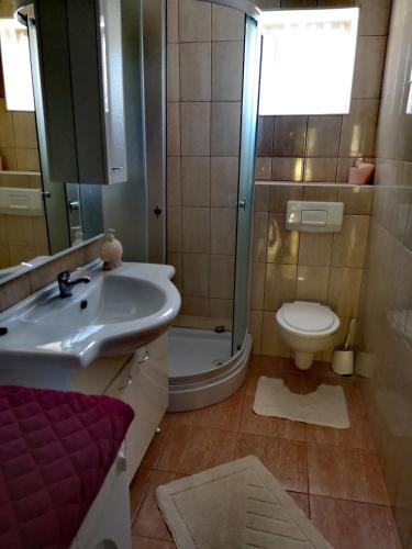 a bathroom with a sink and a shower and a toilet at Apartment Eden in Crikvenica