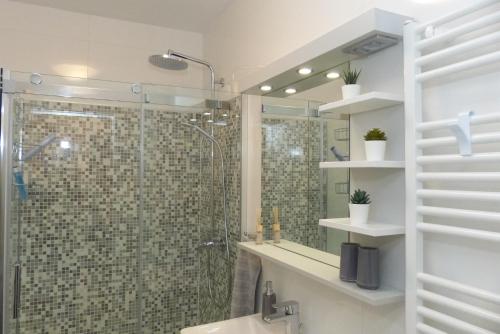 札格雷布的住宿－Prestige West Residence，带淋浴和水槽的浴室以及玻璃淋浴间。