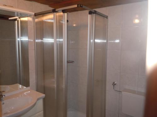 eine Dusche mit Glastür neben einem Waschbecken in der Unterkunft Palfner in Rauris