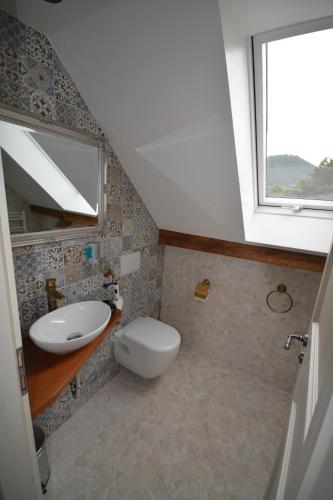 a bathroom with a toilet and a sink and a window at Sieben-Berge-Haus in Brüggen