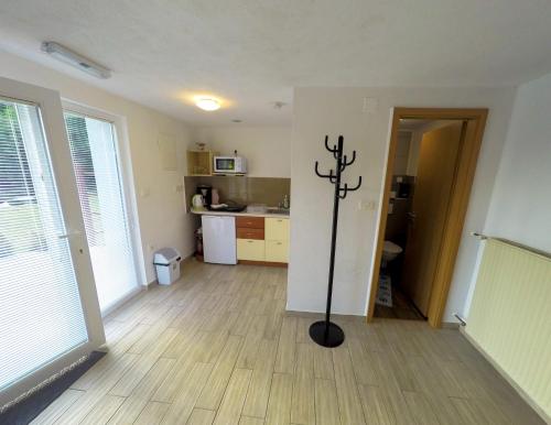an empty living room with a black pole on the floor at Apartment Ozebek in Cerkno