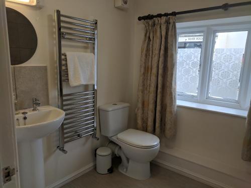 a bathroom with a toilet and a sink and a window at Trade Digs High Street in Stroud