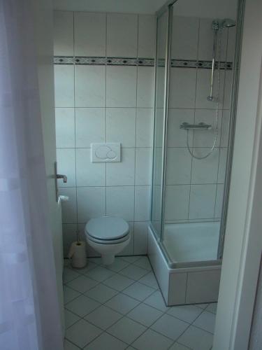 a white bathroom with a toilet and a shower at Altes Landhaus am Park in Xanten
