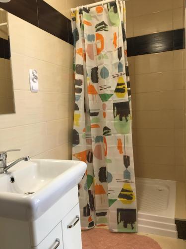 a bathroom with a sink and a shower curtain at Noclegi Tulipan in Konin