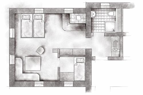 a black and white floor plan of a house at Naturel Hoteldorf Seeleitn in Faak am See
