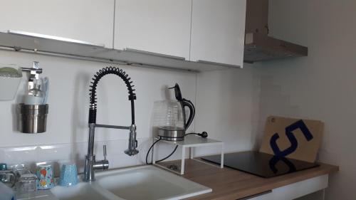 a kitchen counter with a sink and a mixer at Appartement dernier étage Hyper Centre in Granville