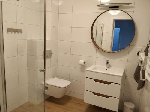 a bathroom with a toilet and a sink and a mirror at ORKAN 2 in Kuźnica