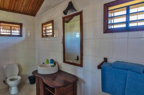 une salle de bain avec un lavabo, des toilettes et un miroir dans l'établissement RELAIS DU KIRINDY, à Kirindy