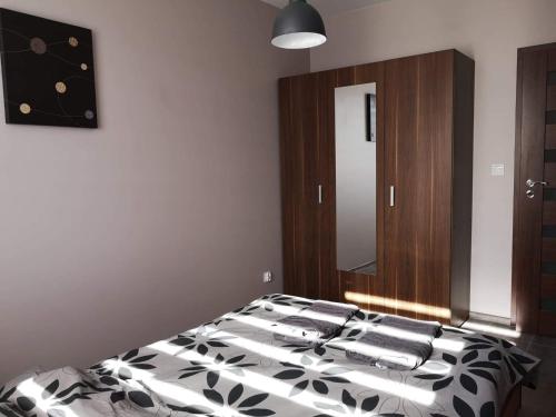 a bedroom with a bed with a mirror and a cabinet at Golden Mazury Apartament in Giżycko