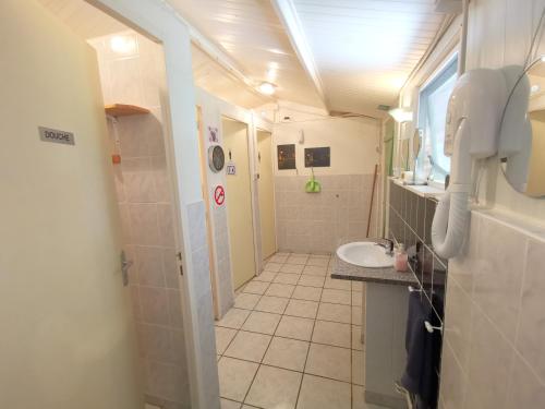 a bathroom with a sink and a shower and a toilet at Glamping La Petite Lande in Pierrefiche