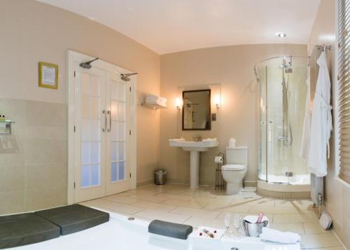 een badkamer met een douche, een toilet en een wastafel bij St Elizabeth's House in Plymouth