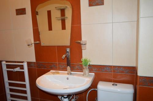 a bathroom with a sink and a toilet and a mirror at Morska Zvezda Guest house in Pomorie