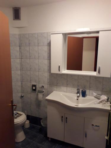 łazienka z umywalką, toaletą i lustrem w obiekcie Apartments Alen Pula w Puli