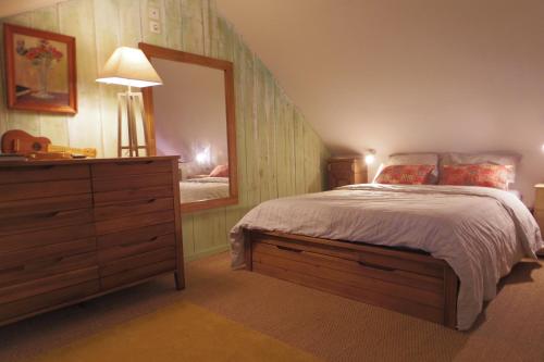 Schlafzimmer mit einem Bett, einer Kommode und einem Spiegel in der Unterkunft Gîte Les Truffières in Trémolat