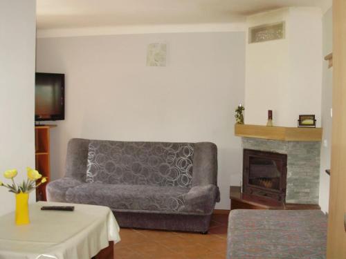 a living room with a couch and a fireplace at Dom wakacyjny bezpośrednio przy Jeziorze Białym in Okuninka